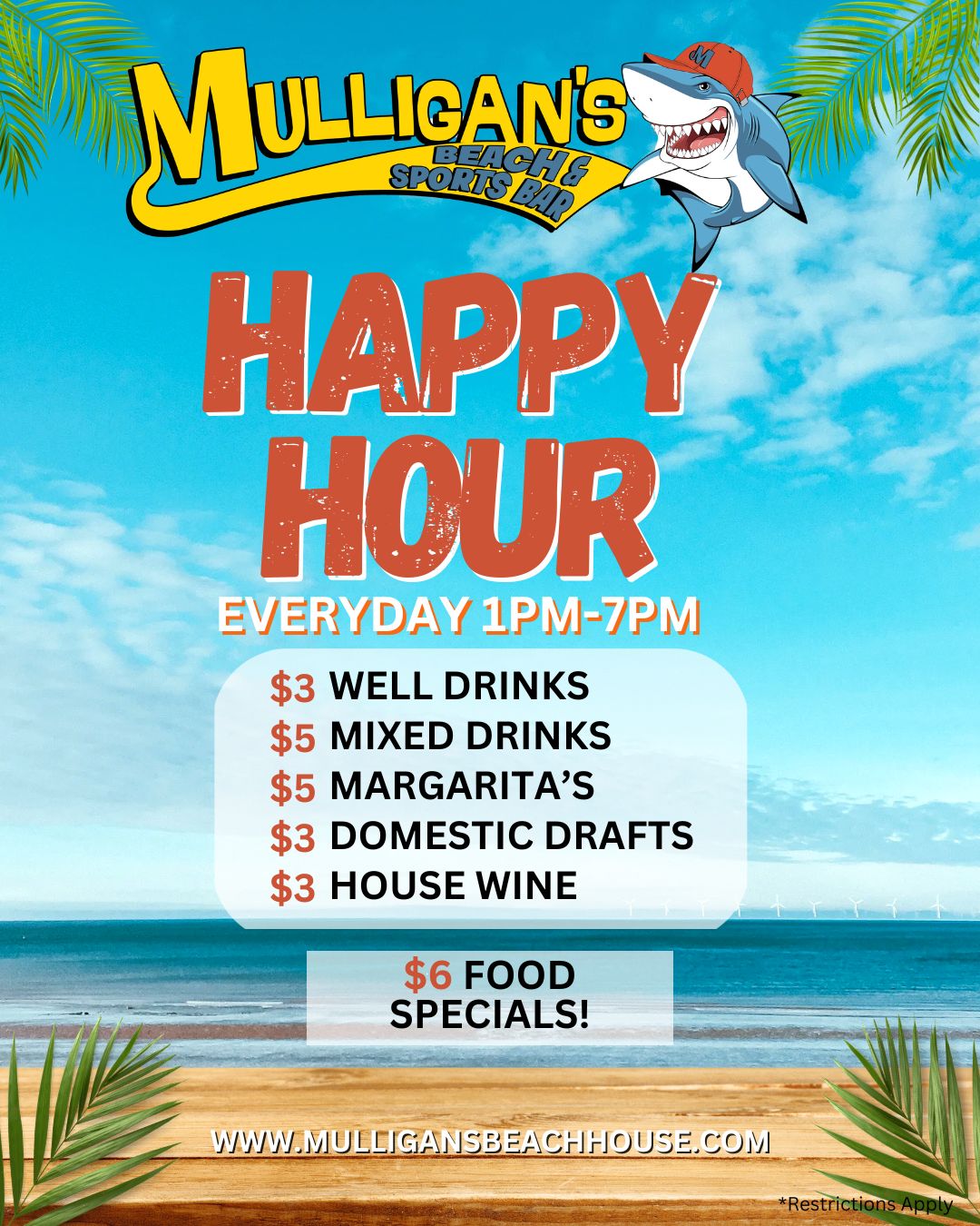 Sebastian website Happy Hour (1) Sebastian happy hour every day 1pm to 7pm: $3 well drinks, $5 mixed drinks, $5 margaritas, $3 domestic drafts, $3 house wine, $6 food specials