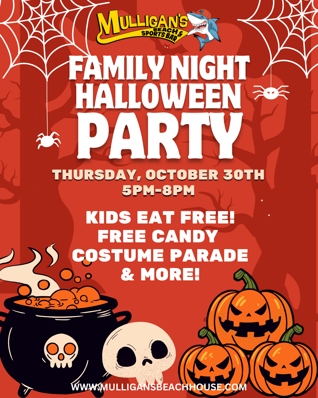 Family Night Halloween Party Thursday October 30th 5pm to 8pm: kids eat free, free candy, costume parade